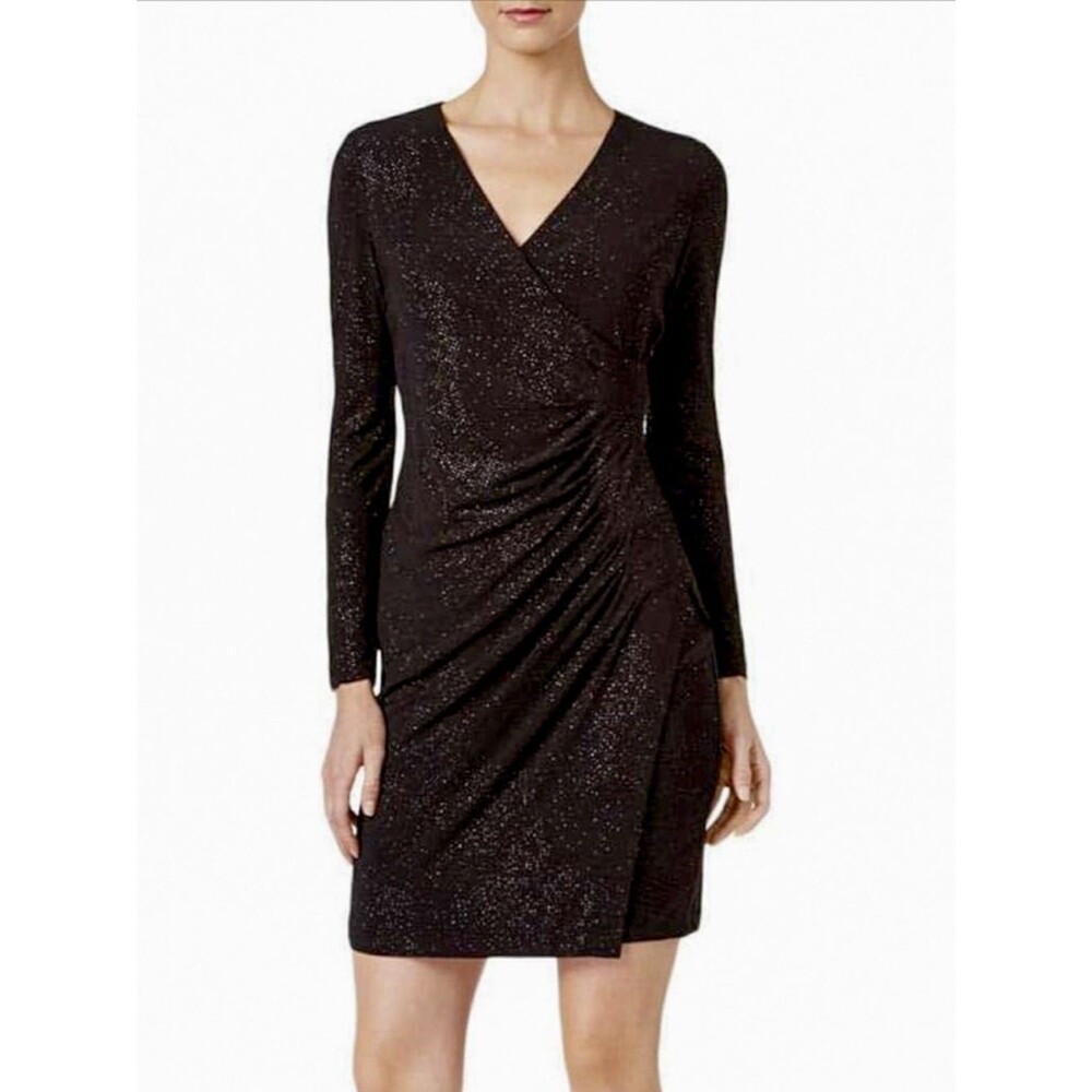 Calvin Klein Sparkle Faux Wrap Ruched Sheath Dress Long Sleeve Black 8